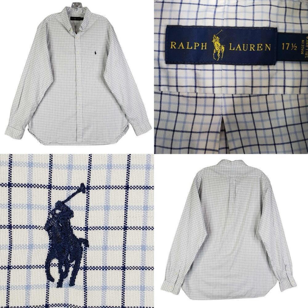Polo Ralph Lauren Shirt Oxford Button Down Mens Size Large 17.5 Plaid Blue